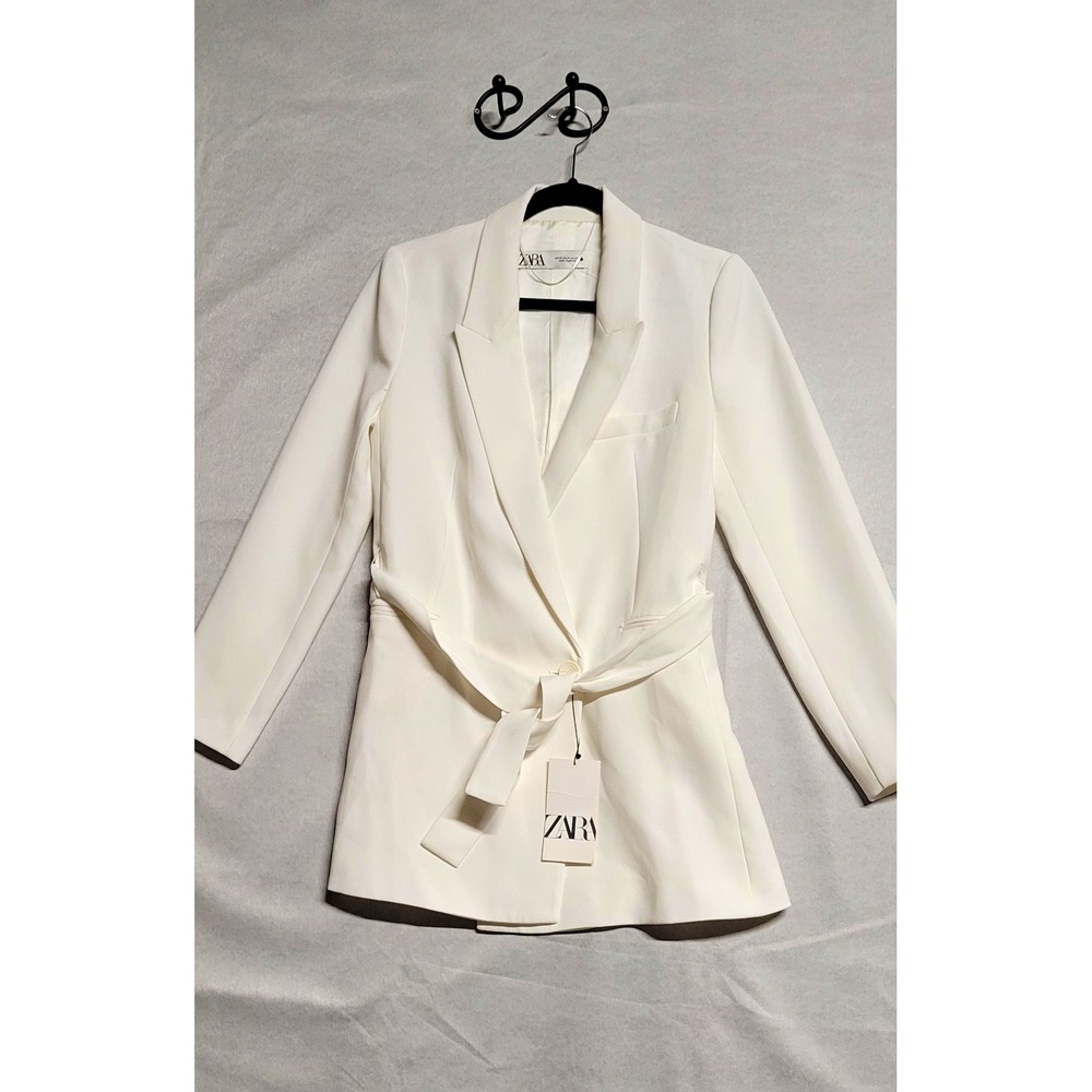 ZARA White Belted Button Collared Lined Long Sleeve Blazer Jacket XS
